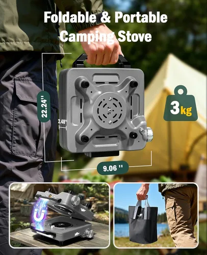 Miniatura 7 de Estufa de campamento con 2 quemadores de propano, 30,000 BTU plegable con rejillas resistentes al viento y sartén, estufas de camping portátiles