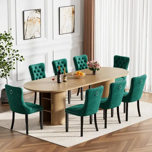 Miniatura 15 de Mesa de comedor redonda extensible de 94 pulgadas con base de almacenamiento, mesa de comedor expandible natural para 10, mesa de comedor de madera