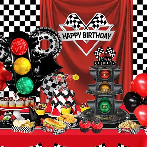 Miniatura 2 de Soporte redondo de 3 niveles para cupcakes con tema de luz de señal, soporte para postres con temática de coche, decoración de fiesta de cumpleaños