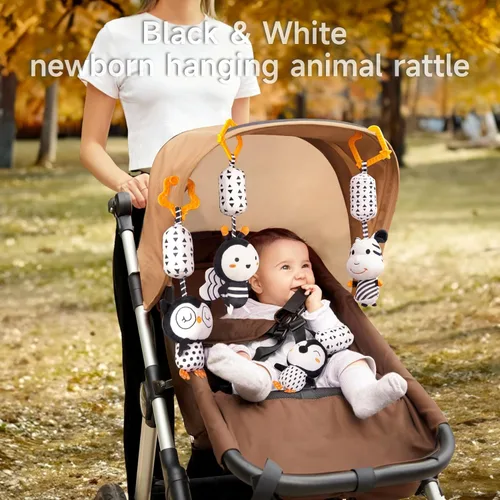 Miniatura 5 de TUMAMA Juguetes de bebé blanco y negro para 3, 6, 9, 12 meses, sonajeros colgantes de felpa, juguetes de cochecito para recién nacidos para niños