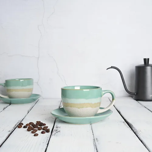 Miniatura 4 de Bosmarlin Juego de 2 Tazas de Capuchino de Cerámica con Platillo, 10 Oz, Tazas de Café para Café con Leche, Espresso, Té, Aptas para Lavavajillas