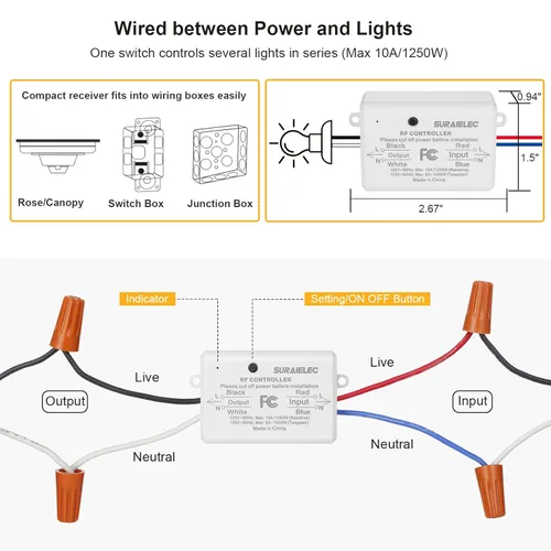 Miniatura 5 de SURAIELEC Interruptor de luz remoto inalámbrico, sin cableado, sin WiFi, rango de RF de 100 pies, preprogramado, kit de interruptor de pared