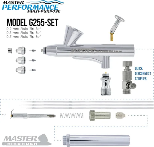 Miniatura 3 de Master Airbrush G255 Pro Kit de pistola de aerógrafo de alimentación por gravedad de doble acción con 3 juegos de boquillas