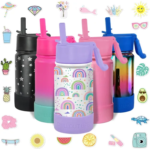 Miniatura 11 de CHILLOUT LIFE - Botella de agua aislada de 17 onzas con tapa con pajilla para niños, a prueba de fugas y bonitas calcomanías impermeables, termo