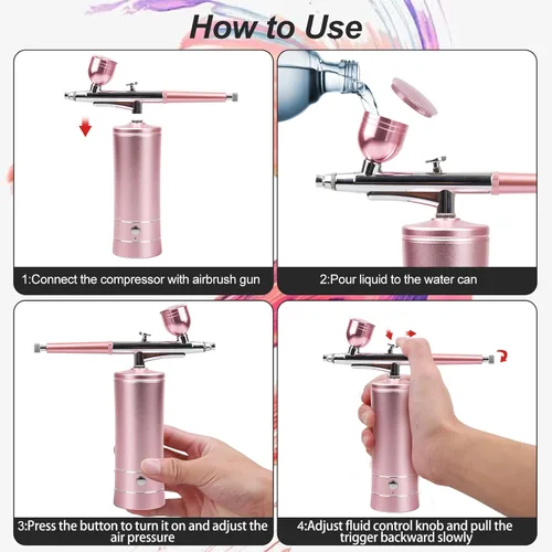 Miniatura 6 de Airbrush-Kit - Compresor de aerógrafo inalámbrico recargable - Pistola de aerógrafo de mano automática, juego de aerógrafo, cepillo de aire Rosa