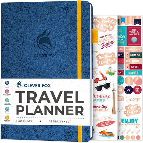 Clever Fox Diario de viaje - Organizador de vacaciones y viajes con plan económico, lista de embalaje, rastreador de gastos de viaje, A5 (azul Azul