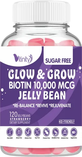 VITINITY Biotin 10000 Mcg Extra Strength Vegetarian (Vitamina B) Suplemento sin azúcar - Apoya el cabello y la piel más saludables - Mujeres y