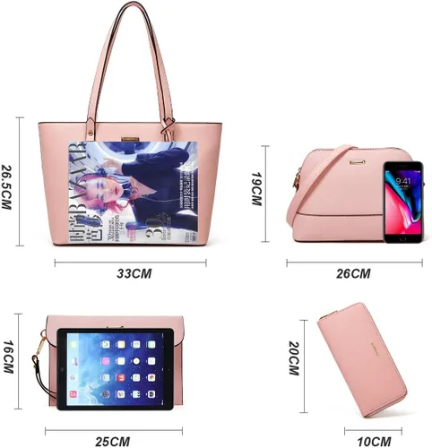Miniatura 193 de Juego de 4 bolsas modernos para mujer de cuero sintético: bolso tote, bolso de hombro, bolso de mano y cartera.