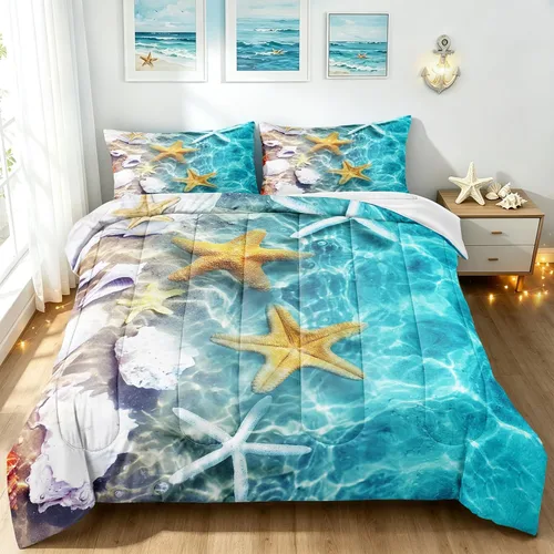 BDUCOK Twin Size Ocean Starfish Comforter Set Teal Turquoise Beach Bedding with Seashell Print Coastal Nautical Bedroom Decor All Season 3005Twin