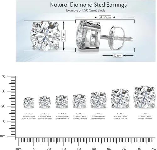 Miniatura 4 de Aretes de diamantes reales naturales con cierre de rosca seguro para mujeres y hombres, aretes de diamante de talla redonda de oro de 14 quilates