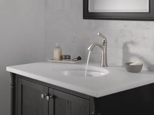 Miniatura 7 de Delta Geist - Grifo de baño de níquel cepillado de 1 agujero, grifo de lavabo de baño de un solo orificio para tocador, ensamblaje de drenaje