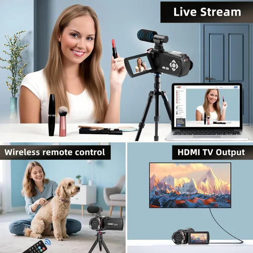 Miniatura 6 de Videocámara de video 4K, cámara de vlogging UHD de 64MP para YouTube TikTok, lente dual de 120° gran angular, pantalla IPS de 3.0 pulgadas, zoom