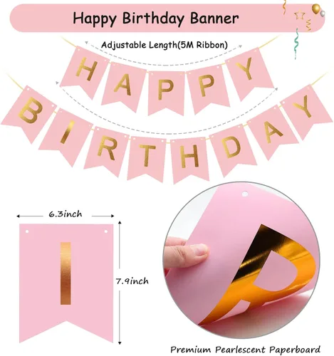 Miniatura 3 de Decoraciones de cumpleaños de oro rosa para mujeres y niñas, decoraciones de fiesta rosa, pancarta de feliz cumpleaños, 6 flores de tejido