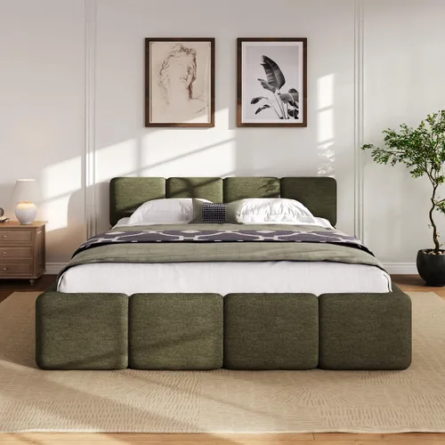Harper & Bright Designs Boucle - Base de cama de plataforma, tamaño Queen, plataforma estilo bloque, cama tapizada con conexión a tierra con