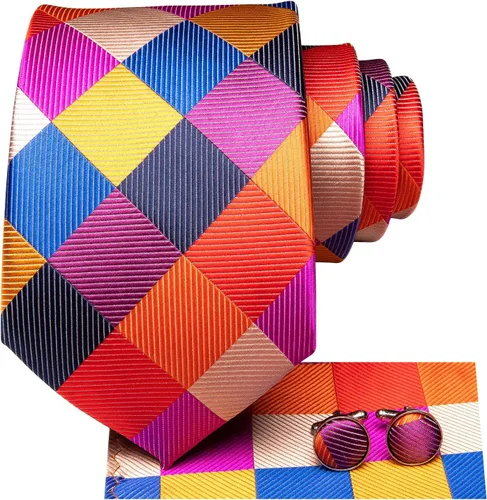 Miniatura 77 de Hi-Tie Corbata clásica de cachemira para hombre con pañuelo y gemelos a cuadros