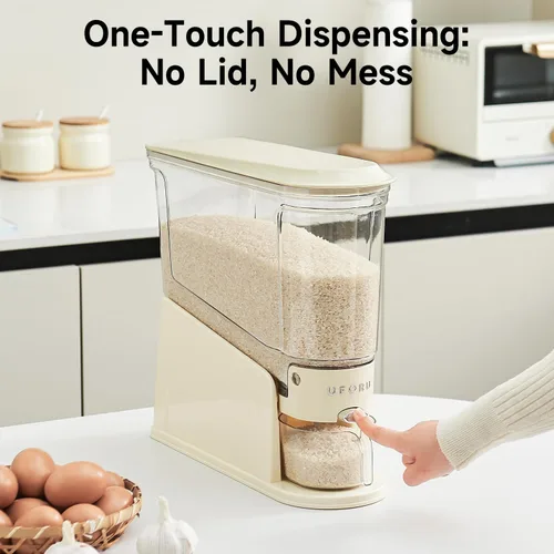 Miniatura 7 de UFORU Dispensador de arroz de 11 libras, recipiente de almacenamiento de arroz delgado para espacios pequeños, dispensador de alimentos secos