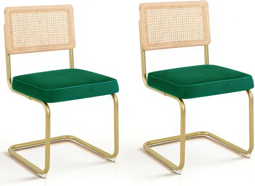 Miniatura 17 de CangLong Juego de 2 sillas de comedor de terciopelo, sillas de comedor de ratán con patas de metal y respaldo de ratán de malla natural, sillas