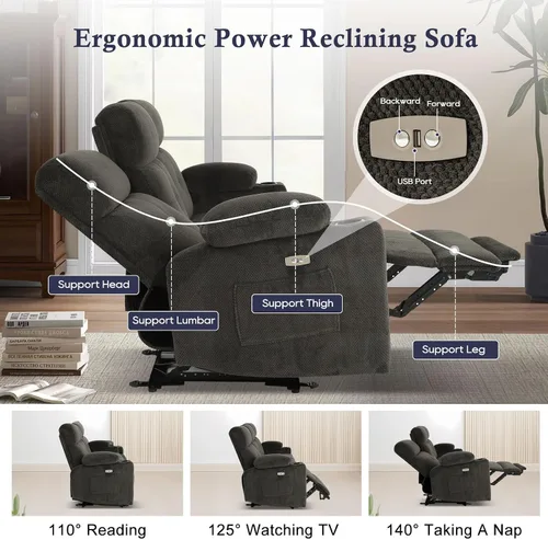 Miniatura 3 de Sofá reclinable eléctrico de 80 pulgadas con calor y masaje, sofá reclinable eléctrico con reposapiés extendido, sofá reclinable de 3 plazas con Gris