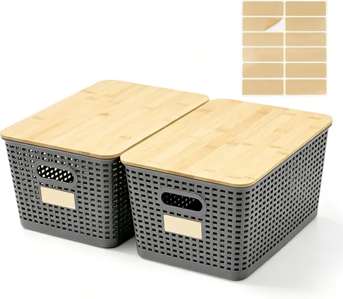 Miniatura 9 de Bagnizer Contenedores pequeños de plástico con tapas de bambú de 5.2 cuartos de galón, cesta apilable para despensa, contenedores decorativos lindos