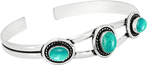 Miniatura 3 de Natural Three Gemstones 925 Silver Overlay Open Bangle for Women - Oval Stone Vintage Style Handmade Adjustable Cuff Bracelet Jewelry - Perfect for