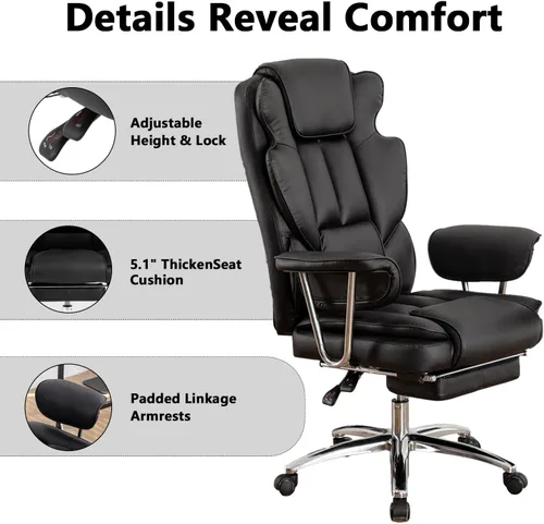 Miniatura 5 de Silla de oficina de piel sintética totalmente reclinable y cómoda silla de oficina grande y alta, 500 libras con reposapiés, ruedas y brazos Negro