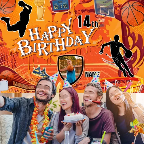 Miniatura 5 de Cartel personalizado de decoración de cumpleaños con temática de baloncesto de 14 años, pancarta de tela personalizada para suministros de fiesta