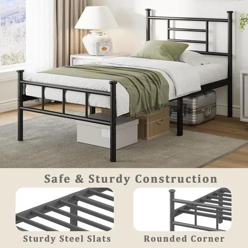 Miniatura 7 de Base de cama Queen que no necesita somier, con cabecero y estribo, soporte de listones de acero resistente, 14 pulgadas de altura, fácil montaje