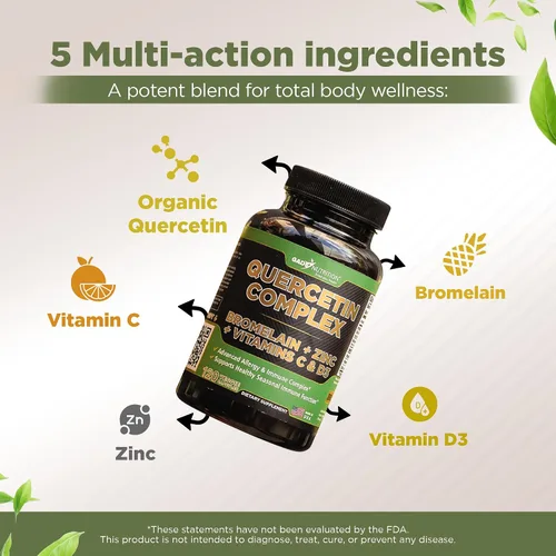 Miniatura 3 de Gade Nutrition Quercetina orgánica con bromelina vitamina C y zinc Suplemento de apoyo inmunológico Quercetina 500mg Cápsulas Bioflavonoides