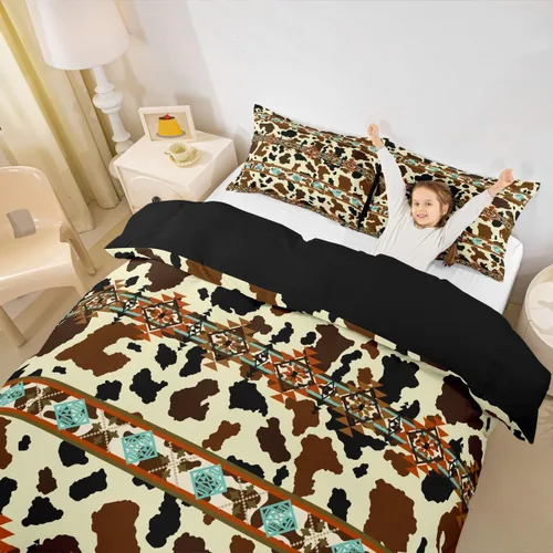 Miniatura 3 de Erosebridal Funda de edredón de piel de vaca marrón con estampado de vaca de las tierras altas, juego de ropa de cama occidental exótico azteca