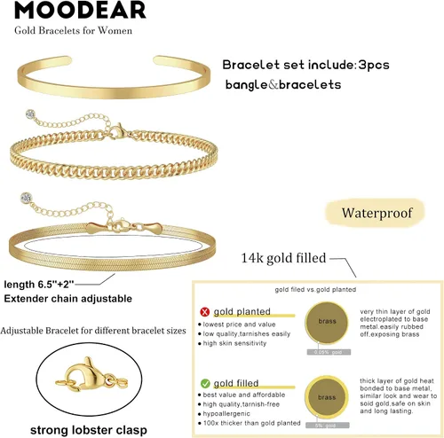 Miniatura 6 de Moodear Pulsera de oro para mujer, juego de pulseras de oro real de 14 quilates para mujer, pulsera de cadena de serpiente delicada, pulsera