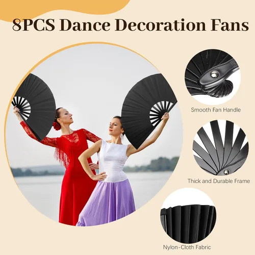 Miniatura 5 de Juego de 8 ventiladores plegables grandes para baile de línea y estallido, botas en el suelo, ventiladores de mano con mangas de abanico, ventilador