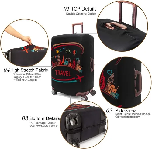 Miniatura 5 de Madifennina Funda protectora de equipaje de viaje de elastano para equipaje de 23 a 32 pulgadas, Negro-viaje