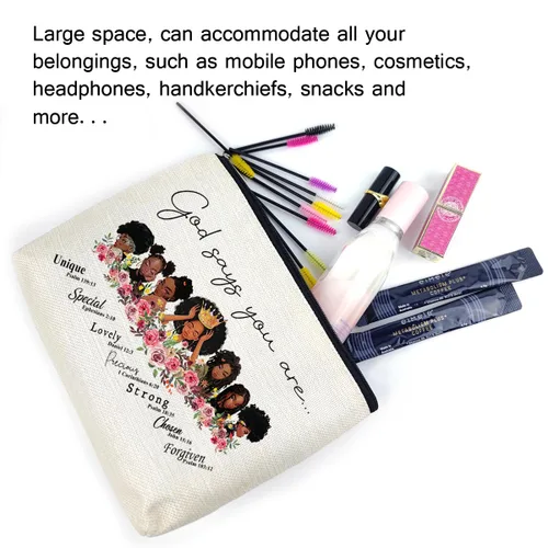Miniatura 7 de LANBAIHE Bolsa de maquillaje cosmética especial afroamericana con texto en inglés "God Says You are One", regalo inspirador para amigas, hermanas