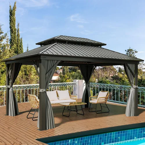 Miniatura 19 de YITAHOME Cenador de techo duro de 10x10 pies con redes y cortinas, acero galvanizado de doble techo resistente combinado con techo de rayas Gris