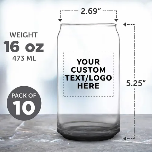 Miniatura 5 de Juego de 10 vasos de lata de cerveza personalizados, 16 onzas, tamaño de pinta, texto promocional, logotipo, forma de lata de soda, cristalería
