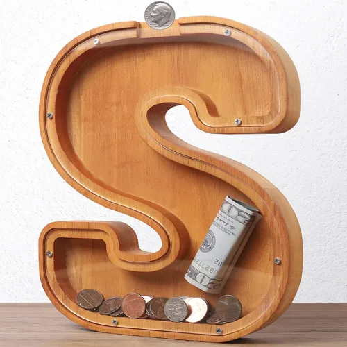 Alcancía de madera con letras de madera para niños y niñas, banco de dinero grande de 26 letras del alfabeto, con nombre personalizado,