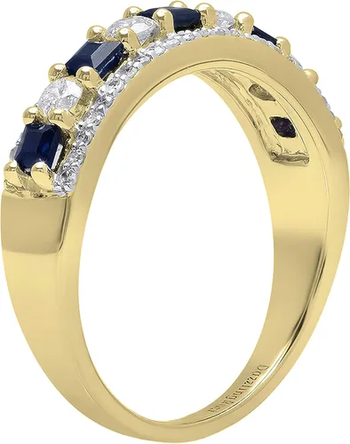 Miniatura 11 de Dazzlingrock Collection Anillo de boda de 9 piedras de zafiro azul princesa y diamante blanco redondo de 0.098 in cada uno en oro de 14 quilates