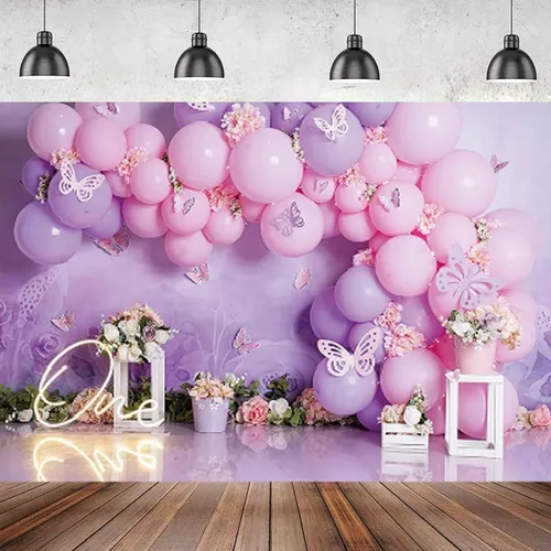 Miniatura 2 de Fondo de fotografía para fiesta de cumpleaños de niña, globos rosas y morados, mariposa, país de las maravillas, baby shower, flores, fondo