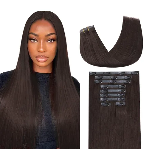Miniatura 74 de Lashey - Extensiones de cabello con clip sin costuras, de cabello humano real, 7 unidades, 110 g, 14 pulgadas, color negro natural, lacio