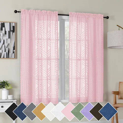 Miniatura 75 de Simplebrand Cortinas traslúcidas negras de cocina de 24 pulgadas de largo, 2 paneles, filtrado de luz, geométrico jacquard con textura, cortinas
