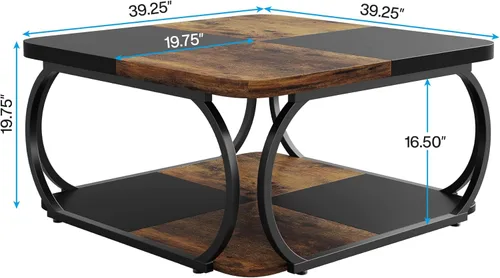 Miniatura 3 de LITTLE TREE Mesa auxiliar de 40 pulgadas con estante de almacenamiento, mesa de centro cuadrada baja de 2 niveles con mesa de madera de granja