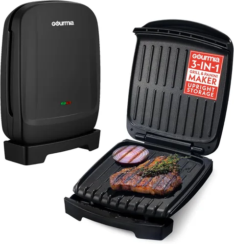 Gourmia Parrilla interior y panini Maker – 4 porciones de contacto o parrilla abierta, cerámica antiadherente, luz indicadora de precalentamiento,