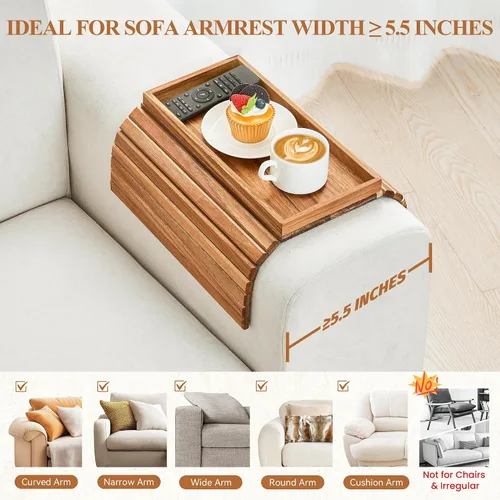 Miniatura 5 de GEHE Bandeja de madera de acacia para sofá, mesa auxiliar plegable para el brazo del sofá, mesa auxiliar con reposabrazos anticaídas, soporte