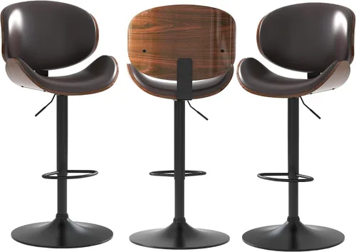 Miniatura 22 de Juego de 2 taburetes de bar giratorios ajustables, modernos taburetes de bar de madera curvada con base de metal grande y reposapiés, silla de bar