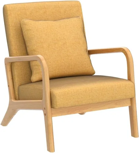 Miniatura 5 de ELUCHANG Silla decorativa moderna Mid-Century tapizada de tela de lino de primera calidad con patas de marco de madera, cómodas sillas de sala