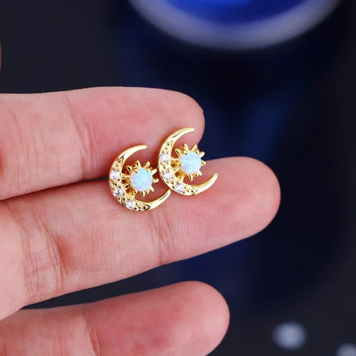 Miniatura 7 de Milacolato Pendientes de plata de ley 925 con ópalo chapado en oro de 18 quilates con circonita cúbica y media luna y estrella para mujer