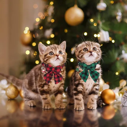 Miniatura 2 de PTDECOR Paquete de 2 Collares de Navidad para Gatos, Collar a Cuadros con Cascabel de Moño Extraíble, Collares de Navidad con Moño a Cuadros de Arco