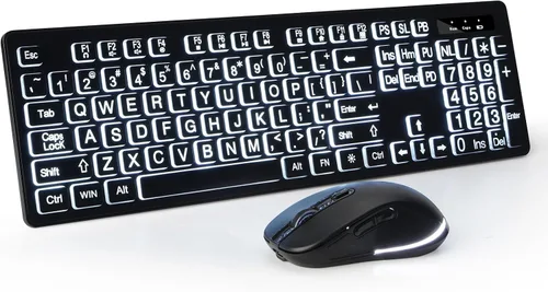 Teclado y mouse inalámbricos retroiluminados con impresión grande, 2.4G de tamaño completo con letras grandes y llave de retroiluminación, letras