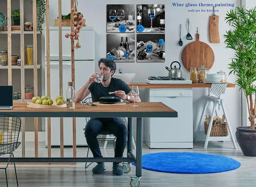 Miniatura 2 de Arte de pared de vino azul - Decoración de pared de cocina - Arte de pared moderno para sala de estar, obra de arte de rosa azul, 4 lienzos
