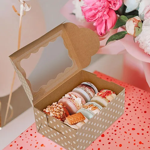 Miniatura 5 de Cajas de Galletas de Lunares - Paquete de 12 - Marrón con Lunares Blancos Caja de Regalo de Panadería con Ventana - para Pasteles, Cupcakes, Fresas